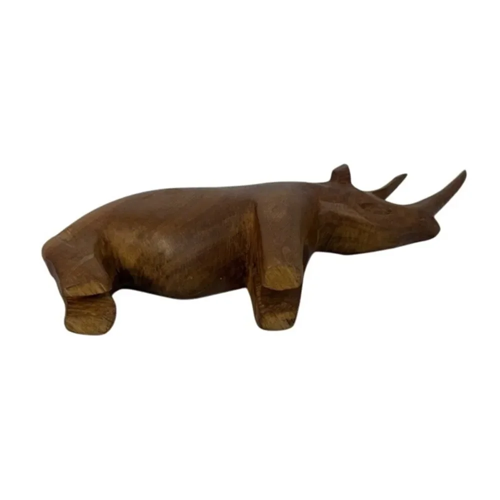 Wooden African Rhinoceros Figurine Hand Carved Solid Wood
